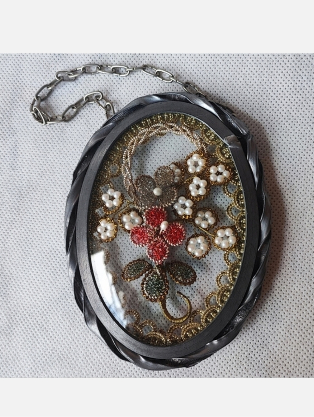 Convex Double Sided French Made Silk Wire Wrapped Picture Frame Antique 1940's